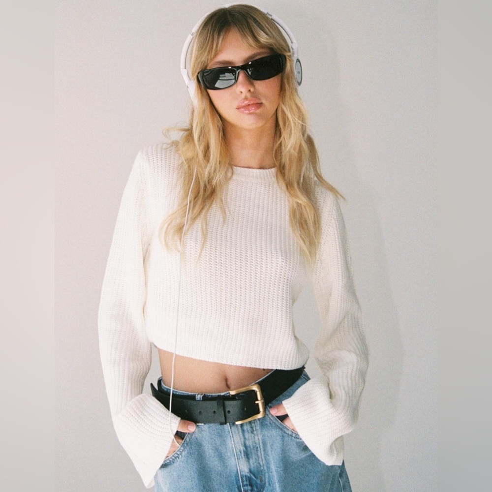 Princess Polly White Flare Bell Sleeve Cropped Ribbed Sweater - Picture 8 of 13